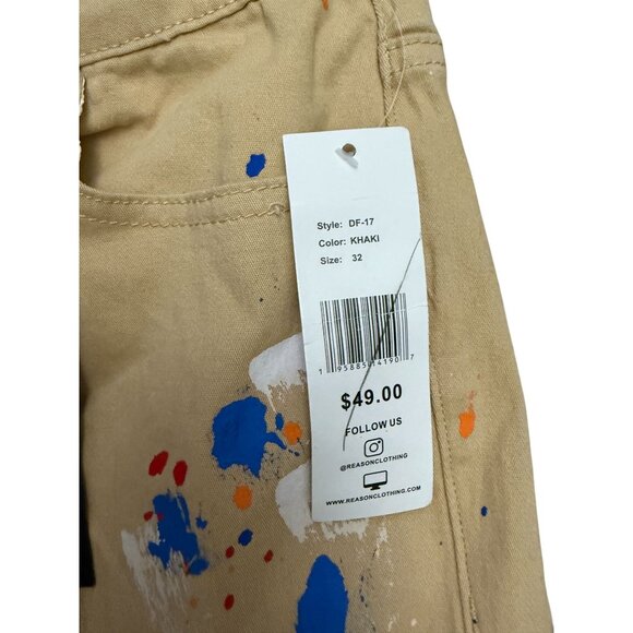 NWT Reason Premium Denim Straight Leg Jeans Slim Paint-Splatter Mens Khaki 32 - Picture 6 of 12